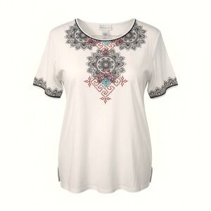 Alfred Dunner Womens Embroidered Mandala T-Shirt Cotton Blend Casual White L
